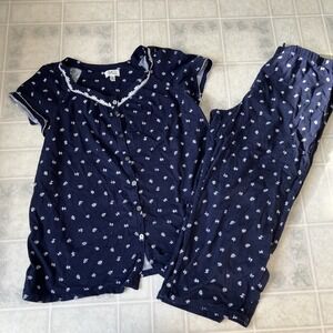 Aria Collection Navy Blue Floral Pajama Set Women's Size Medium 8-10 Cotton